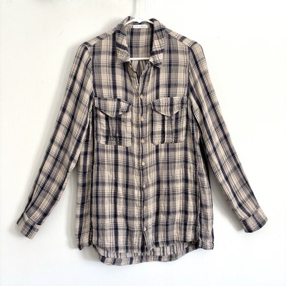 Free People x CP Shades Blue Cream Plaid Long Sleeve Button Down Tunic XS Shirt - Picture 1 of 10
